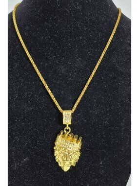 KING ICE Signed GoldTone Clear Crystals Lion King Pendant 23” Chain Necklace NEW